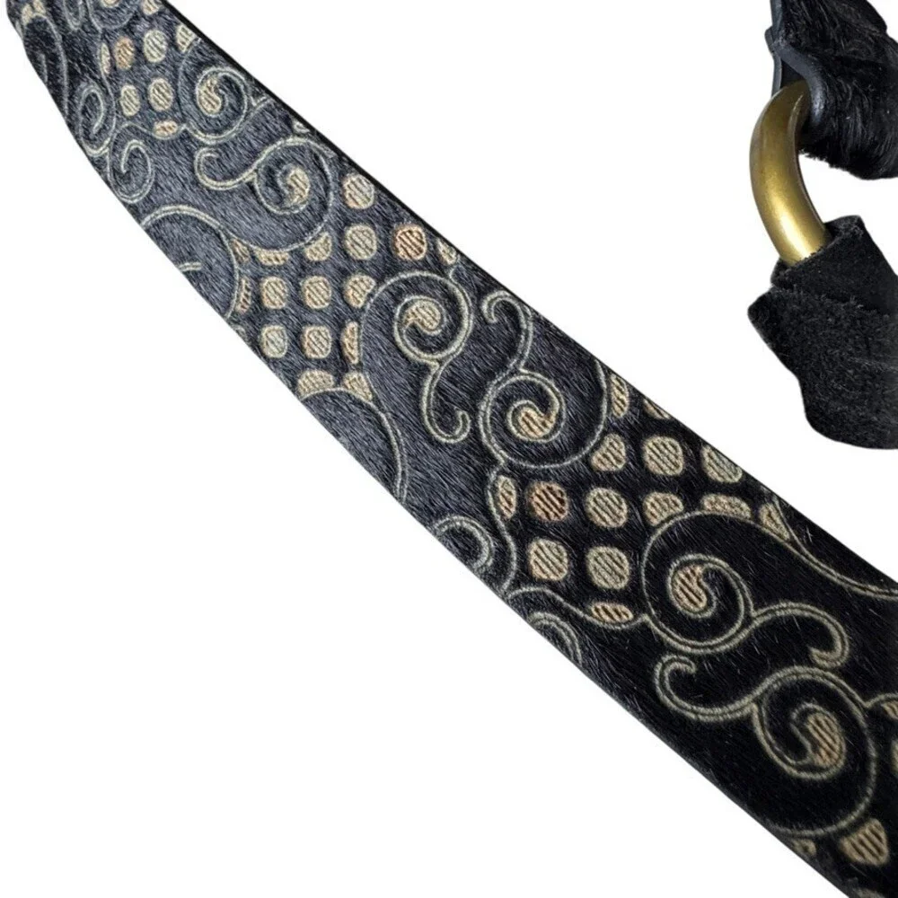 WCM New York Black Calf Hair Leather Paisley O-Ring Tie Waist Belt Size Small